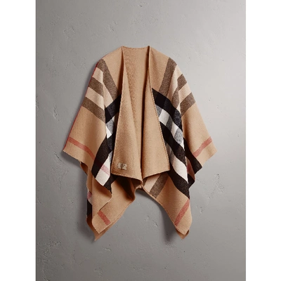 Gucci Reversible Check Merino Wool Poncho In Camel