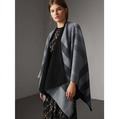 Burberry Reversible Check Merino Wool Poncho In Charcoal