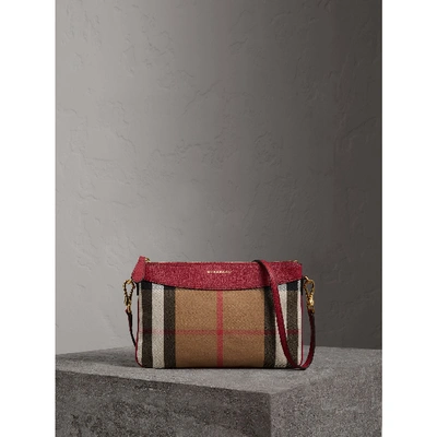 Shop Burberry House Check And Leather Clutch Bag In Military Red