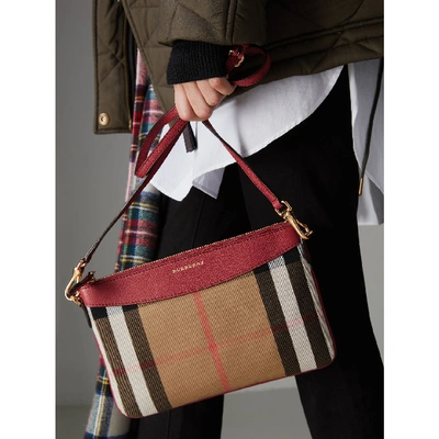 Shop Burberry House Check And Leather Clutch Bag In Military Red