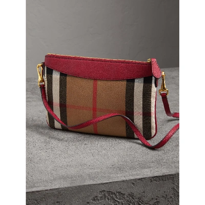 Shop Burberry House Check And Leather Clutch Bag In Military Red
