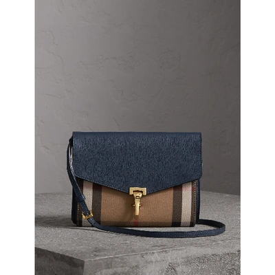 Shop Burberry Small Leather And House Check Crossbody Bag In Ink Blue
