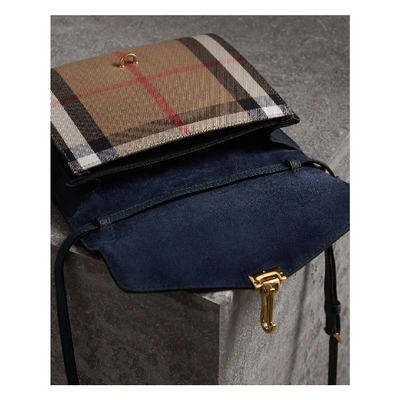 Shop Burberry Small Leather And House Check Crossbody Bag In Ink Blue