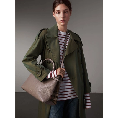 Shop Burberry The Medium Banner In Leather And House Check In Thistle Grey