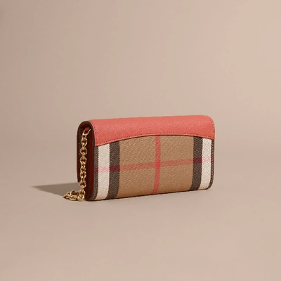 Shop Burberry House Check And Leather Wallet With Chain In Cinnamon Red