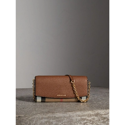 Shop Burberry House Check And Leather Wallet With Chain In Tan