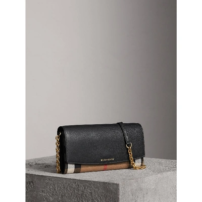 Shop Burberry House Check And Leather Wallet With Chain In Black