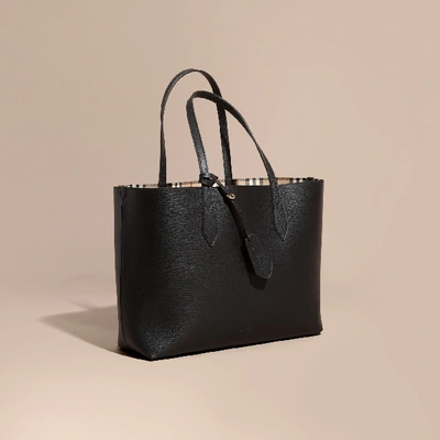 Shop Burberry The Medium Reversible Tote In Haymarket Check And Leather In Black