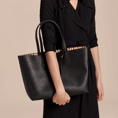 Shop Burberry The Medium Reversible Tote In Haymarket Check And Leather In Black