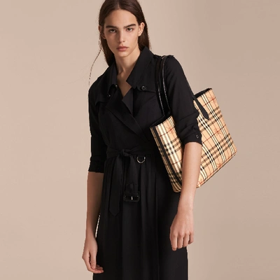 Shop Burberry The Medium Reversible Tote In Haymarket Check And Leather In Black