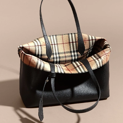 Shop Burberry The Medium Reversible Tote In Haymarket Check And Leather In Black