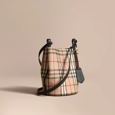 Shop Burberry Leather And Haymarket Check Crossbody Bucket Bag In Black