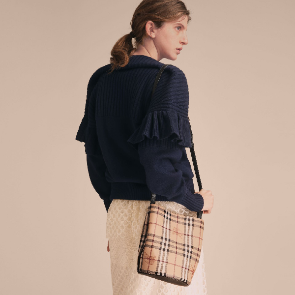 haymarket check and leather crossbody bucket bag