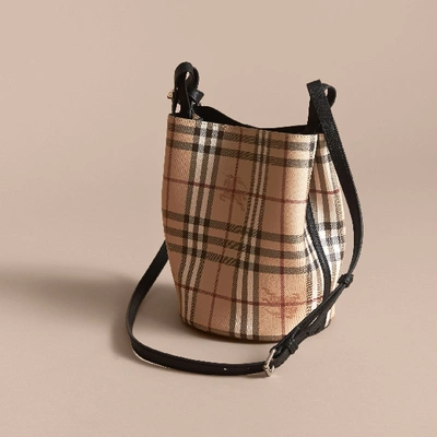 Shop Burberry Leather And Haymarket Check Crossbody Bucket Bag In Black