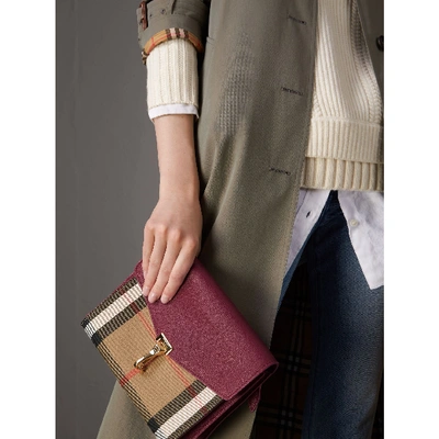 Shop Burberry Small Leather And House Check Crossbody Bag In Berry Pink