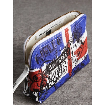 Shop Burberry Large Zip-top Doodle Print Coated Canvas Pouch In Red/blue