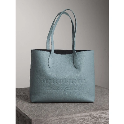 Shop Burberry Embossed Leather Tote In Dusty Teal Blue