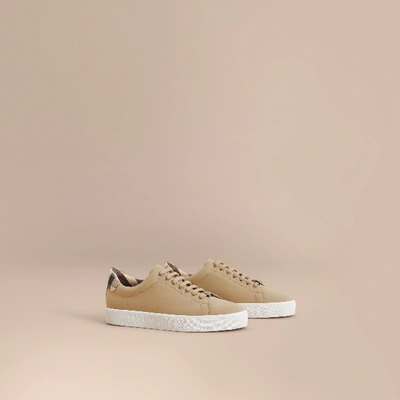 Shop Burberry Check Detail Cotton Sneakers In Honey