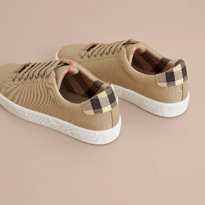 Shop Burberry Check Detail Cotton Sneakers In Honey