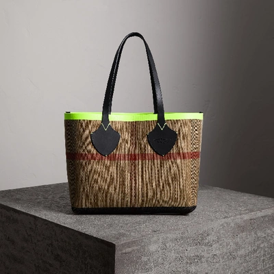 Shop Burberry The Medium Giant Reversible Tote In Canvas And Leather In Black/neon Yellow