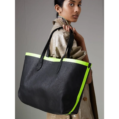 Shop Burberry The Medium Giant Reversible Tote In Canvas And Leather In Black/neon Yellow