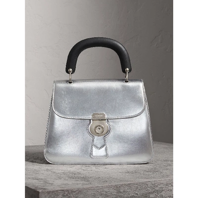 Shop Burberry The Medium Dk88 Top Handle Bag In Metallic Leather In Silver