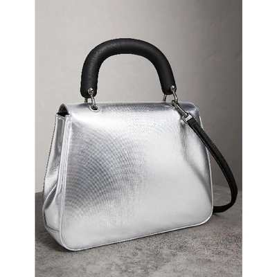 Shop Burberry The Medium Dk88 Top Handle Bag In Metallic Leather In Silver