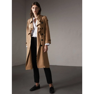 Shop Burberry Ruffle Detail Silk Trench Coat In Honey