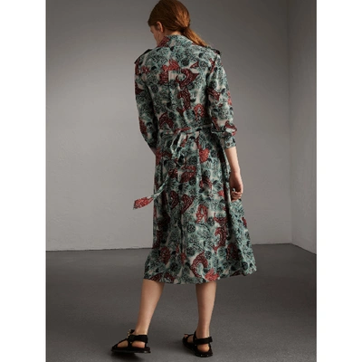Shop Burberry Beasts Print Silk Wrap Dress In Pale Celadon