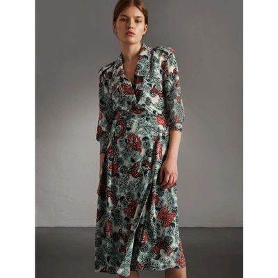 Shop Burberry Beasts Print Silk Wrap Dress In Pale Celadon