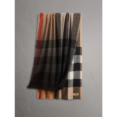 Shop Burberry The Lightweight Cashmere Scarf In Ombré Check In Camel/black