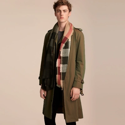Shop Burberry The Lightweight Cashmere Scarf In Ombré Check In Camel/black