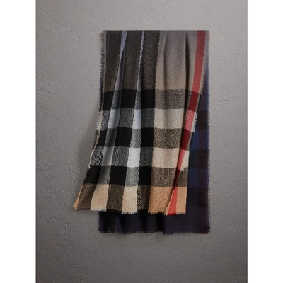 Shop Burberry The Lightweight Cashmere Scarf In Ombré Check In Camel/navy