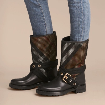 Shop Burberry Leather, Mesh And House Check Boots In Black