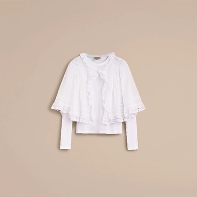 Shop Burberry Lace Detail Ruffle Cape Overlay Long-sleeve Cotton Top In Natural White