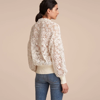 Shop Burberry Ribbed Detail Voluminous Lace Top In Antique White