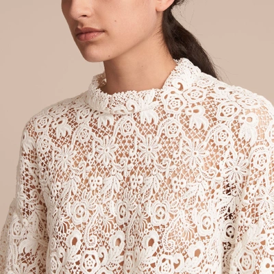 Shop Burberry Ribbed Detail Voluminous Lace Top In Antique White