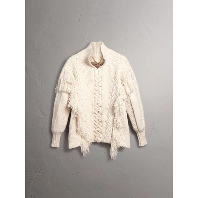 Shop Burberry Fringed Cable Knit Cotton Blend Oversized Sweater In Natural White