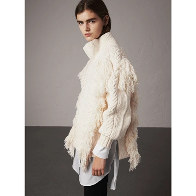 Shop Burberry Fringed Cable Knit Cotton Blend Oversized Sweater In Natural White