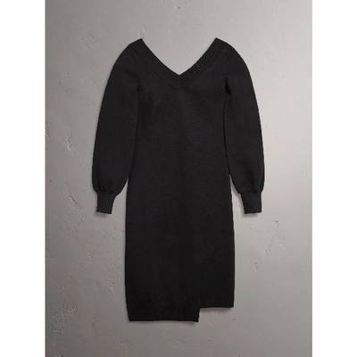 Shop Burberry Asymmetric Knitted V-neck Dress In Black