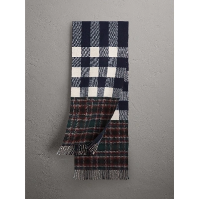 Shop Burberry Check Merino Wool Scarf In Navy