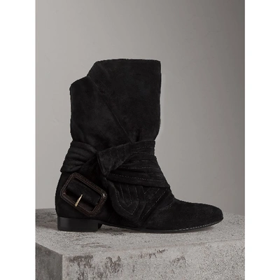 Shop Burberry Belt Detail Suede Boots In Black