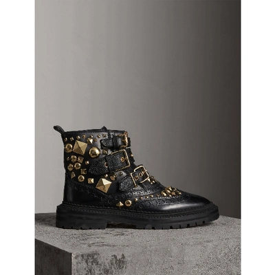 Shop Burberry Studded Leather Brogue Ankle Boots In Black