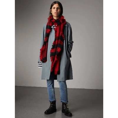 Shop Burberry Fringed Check Wool Scarf In Military Red