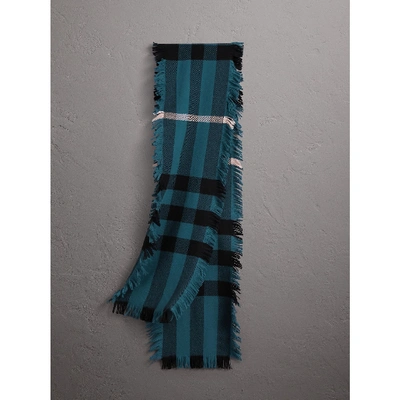 Shop Burberry Fringed Check Wool Scarf In Steel Blue