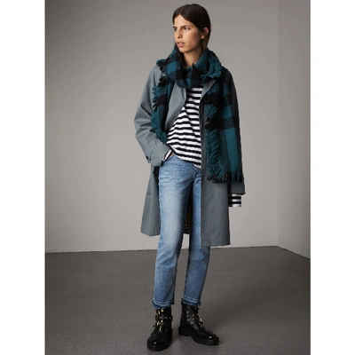 Shop Burberry Fringed Check Wool Scarf In Steel Blue
