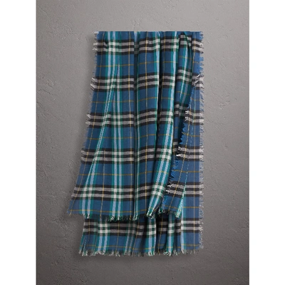 Shop Burberry Check Modal And Wool Square Scarf In Cyan Blue