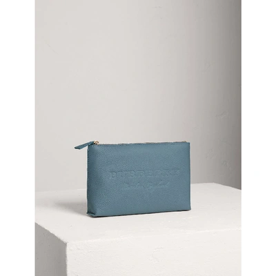 Shop Burberry Medium Embossed Leather Zip Pouch In Dusty Teal Blue