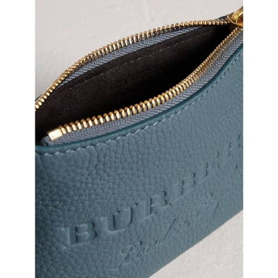 Shop Burberry Small Embossed Leather Zip Pouch In Dusty Teal Blue
