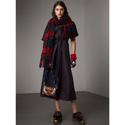 Shop Burberry Fil Coupé Tartan Wool Cashmere Scarf In Bright Red